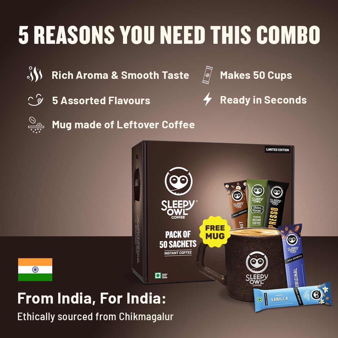 Sleepy Owl Instant Coffee Gift Pack | 50 Coffee Sachets + Free Mug | Assorted Flavours: Original, French Vanilla, Hazelnut, Xpresso & Filter Kaapi | Perfect Premium Coffee Gift Set - Image 5 thumbnail