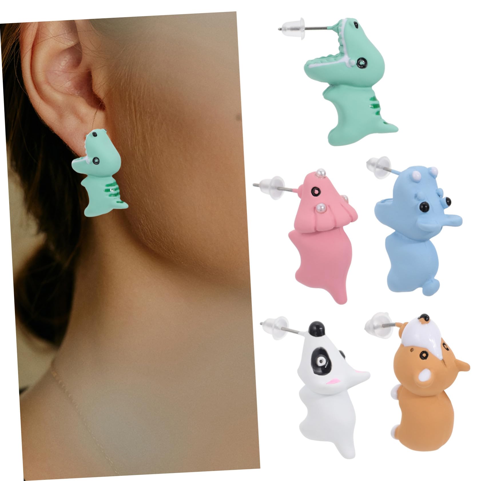 Orecchini a Bottone a Forma di Animale, 1 Paio, Verde | Argilla Polimerica, Catenella Pendente Inclusa, per Anniversario e Compleanno, Idea Regalo per Sposa e Amiche