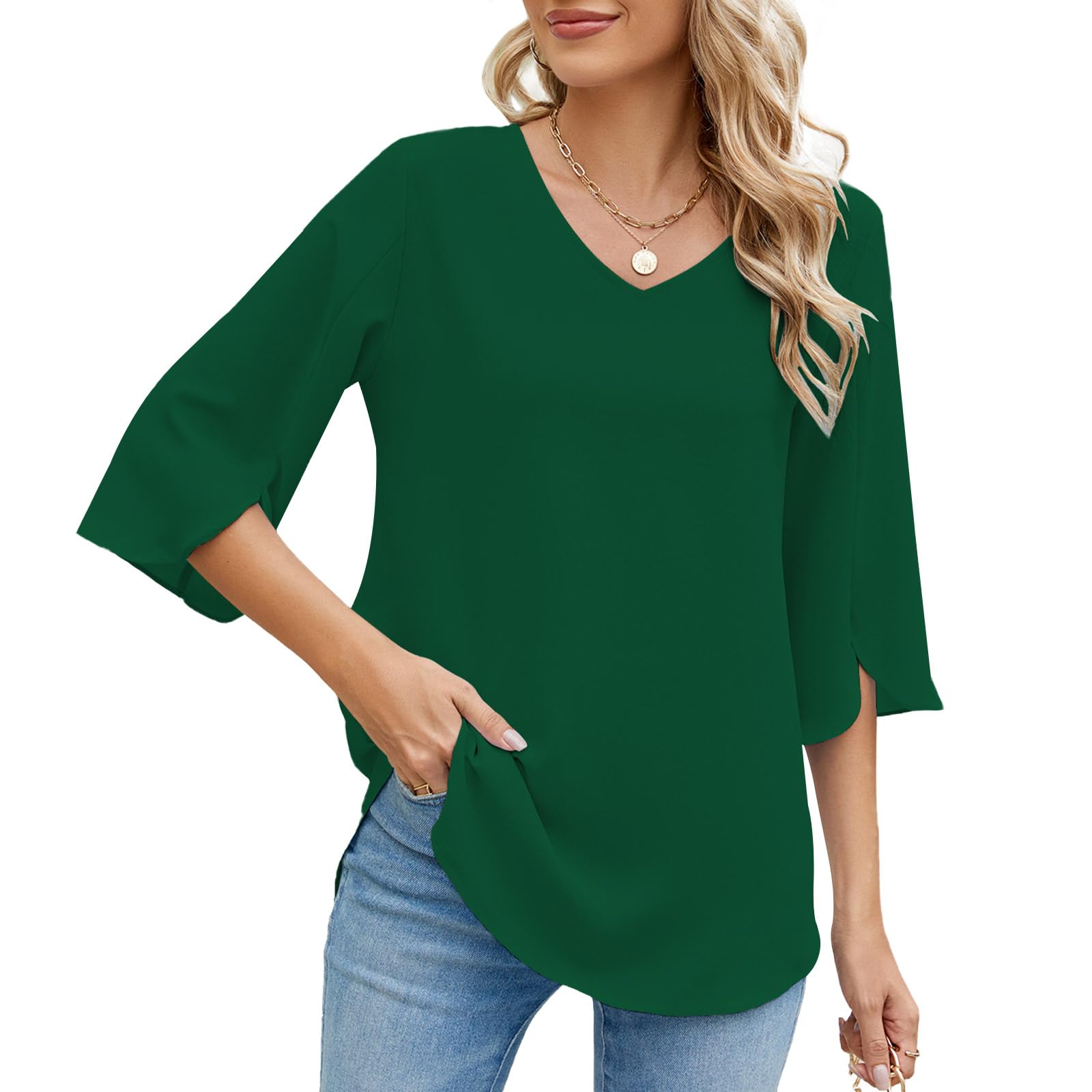 Zetieny Camicetta da Donna Top con Scollo a V Tunica Casual Camicia Bluse Donna a Manica a 3/4 T-Shirt a Tinta Unita