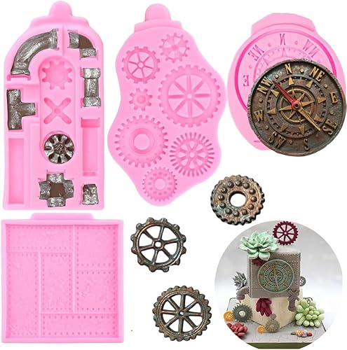 Moldes de fondant vintage en relieve, 4 piezas de moldes de silicona steampunk para engranajes de reloj 3D para chocolate, decoración de cupcakes,