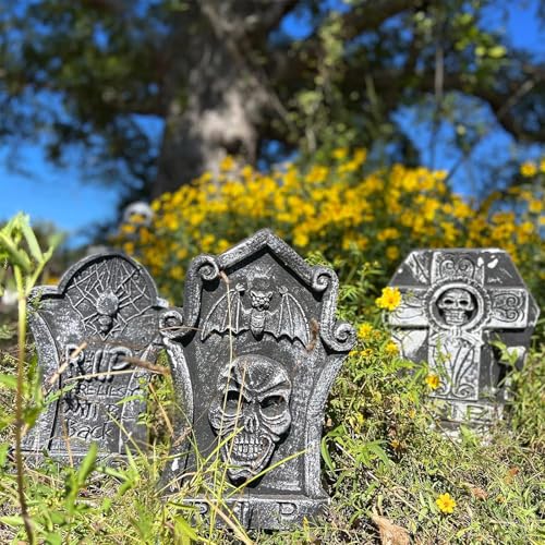 17' Foam Tombstones – Halloween Headstones Outdoor Decorations – Rip Graveyard Stones For Yard Cemetery Lawn Decor – Set Of 3