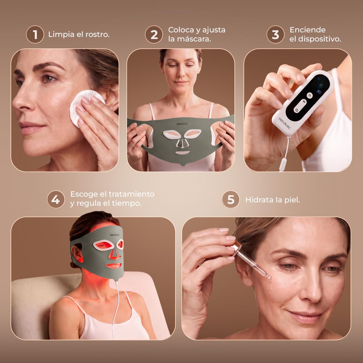 Cecotec Máscara Facial LED 9 Colores - 448 Puntos de Luz FaceCare LÜM Ice | Silicona Flexible libre de UV, 9 Funcionalidades, Luz Infrarroja (NIR), 112 LEDs (448 chips), Accesorios Efecto Frío