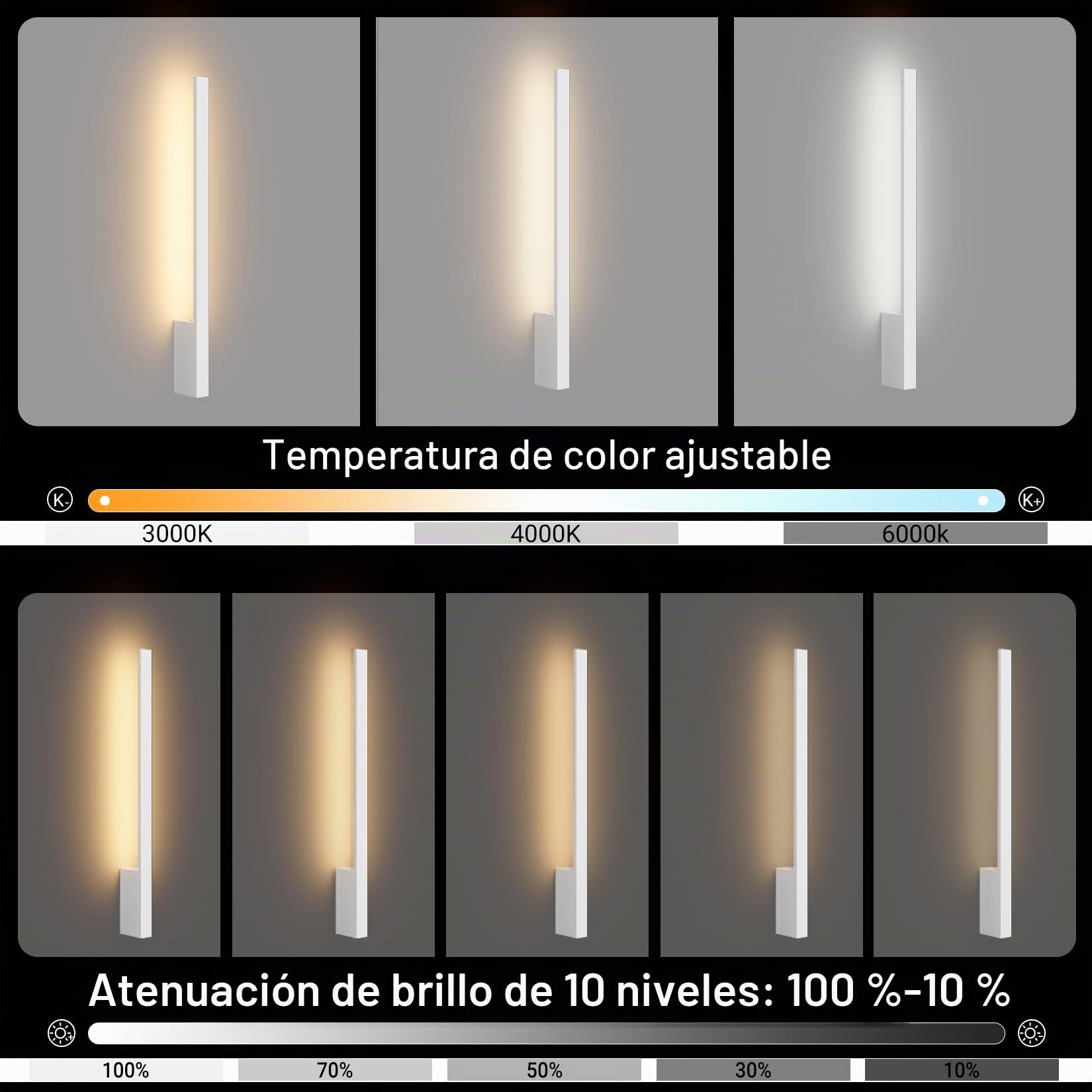 Klighten 2PCS Lámpara de pared a pilas,6000mAh Lámpara de pared LED con mando a distancia y control táctil,Aplique de batería,Aplique de Pared interior 60CM 5W,3000K-6000K,Blanco