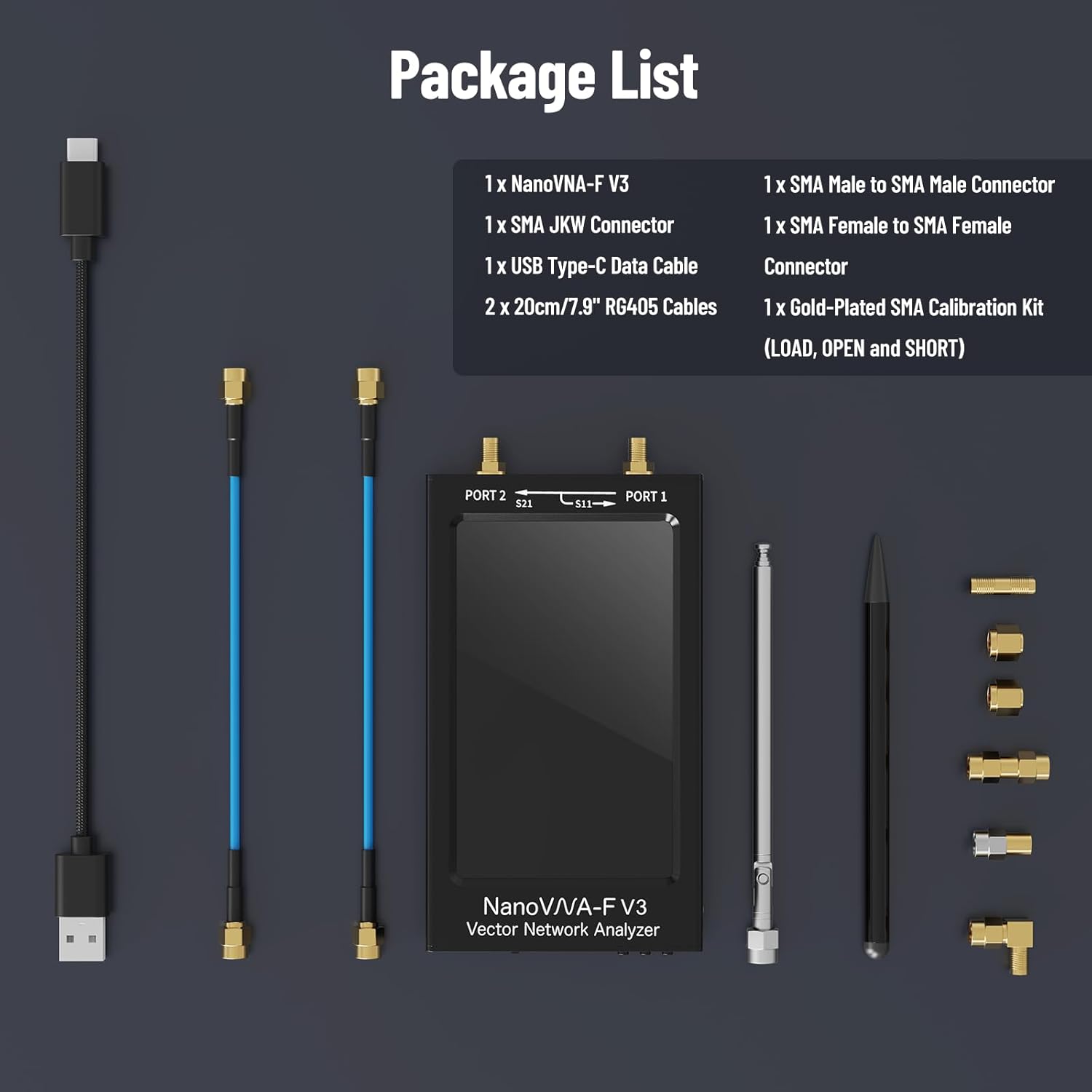 Diagram showing all components included in the NanoVNA-F V3 package