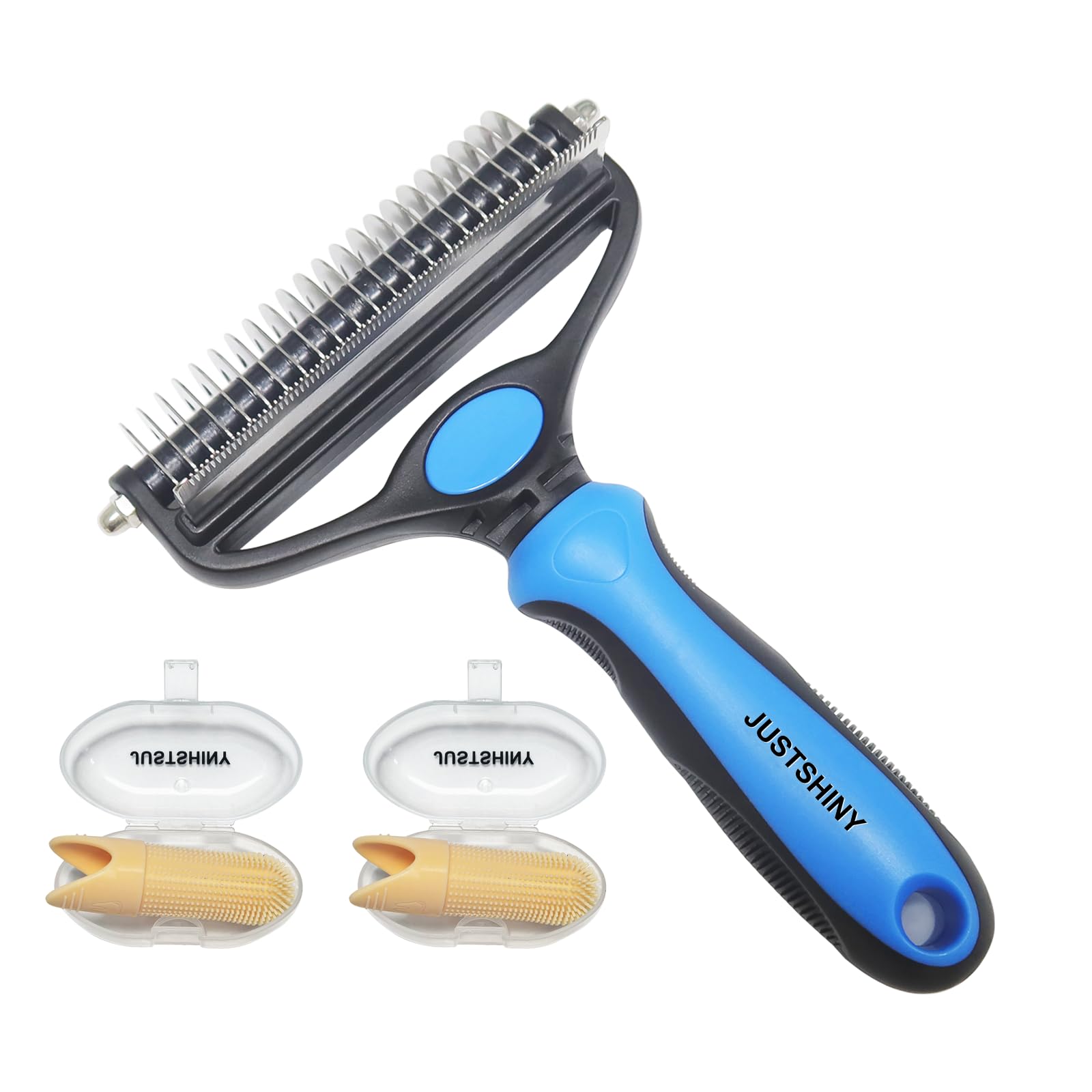 Pet Grooming Set – Deshedding Hair Brush & 2 Finger Toothbrushes – Perfect for Dogs & Cats (yellow handle)