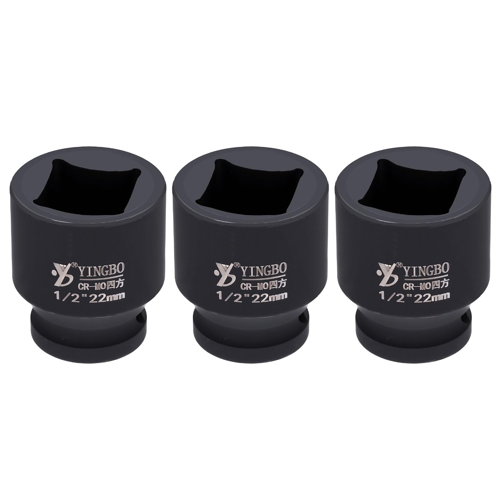 sourcing map 3pcs 4 Point Square Socket 1/2" Drive 22mm Metric Square Impact Socket 1.8" (45mm) Long 40CR Steel Phosphating Standard Wheel Sleeve Tool for Auto Repair Mechanical Home Use