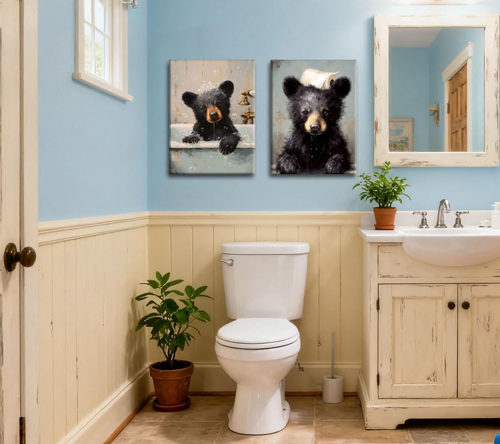 Image of Frimeeme 2 Piece Bear Bathroom Canvas Wall Art Set 12x16 inches | Bathtub Bear Prints, Cute Humorous Posters Ready to Hang Home Decor1, ready to hang