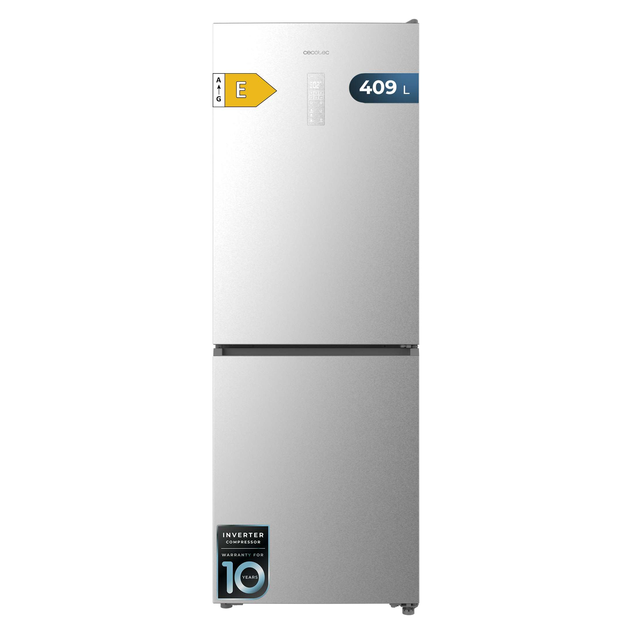 Cecotec Frigorifero Combinato 409L No Frost Bolero CoolMarket Combi 409 Inox E. Altezza 185cm, MAX INSIDE con VIP Tech, Compressore Inverter Plus, Basso Consumo, Cassetto Temperatura Variabile, Inox