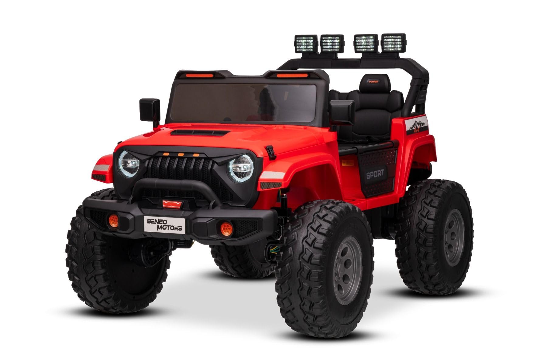 Beneo Motors OFFRIDE 4x4² 2-osobowy samochód elektryczny, 12 V, czerwony, odtwarzacz MP3 z wejściem USB/AUX, napęd na wszystkie koła 4 x 4, akumulator litowy, pilot zdalnego sterowania, oświetlenie