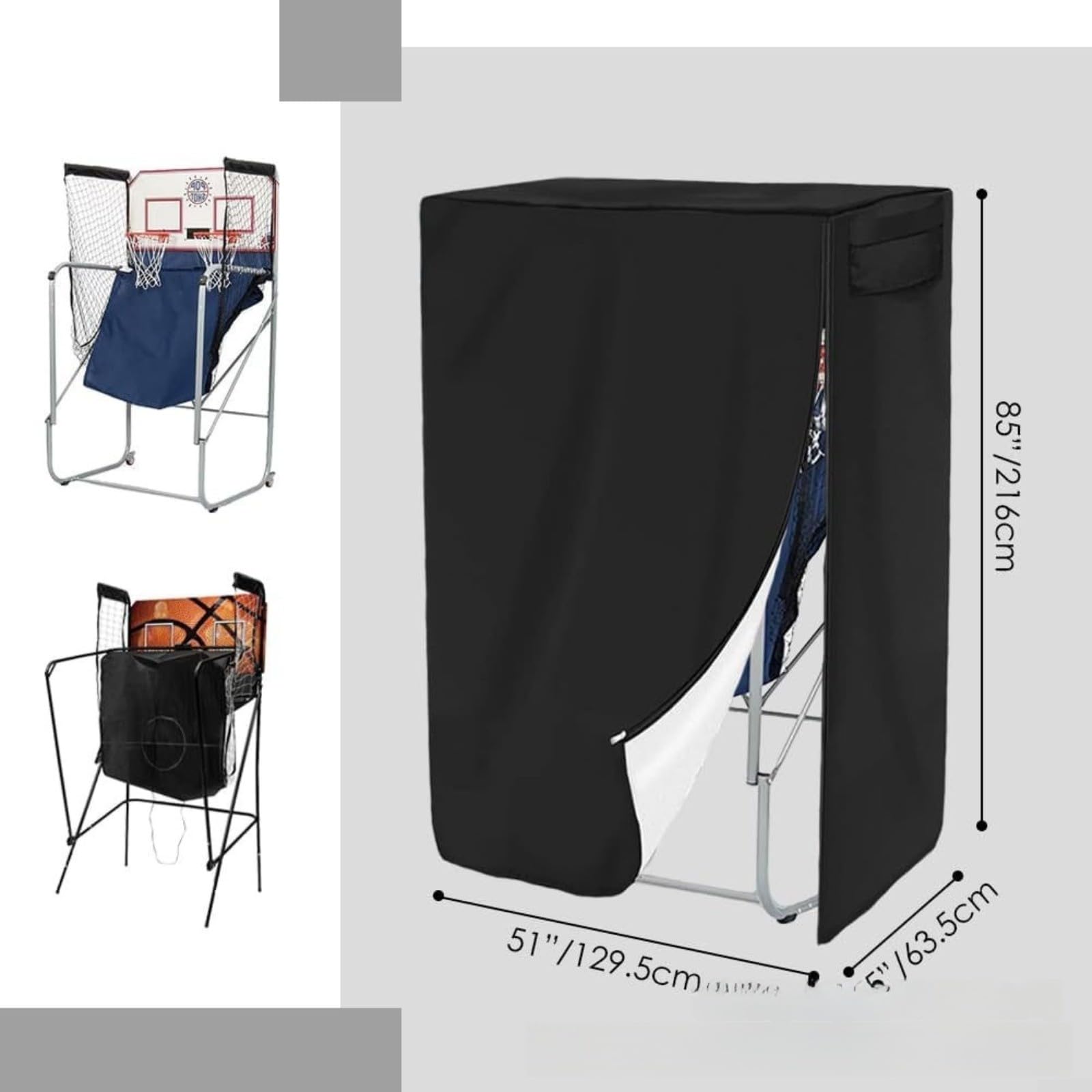 Baloncesto al aire libre para juego de arcada cubierta impermeable a prueba de polvo protección UV tela Oxford con cremallera y cordón negro 129,5 x 63,5 x 216 cm para patio jardín o interior