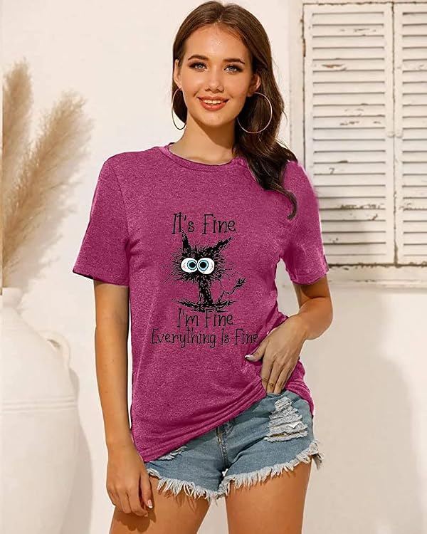 It's Fine I'm Fine Everything is Fine Funny Cat Printed T-Shirt for Women Short Sleeve Graphic Womens Tee Tops Wine by Brief Turbo - Used condition - Image 3