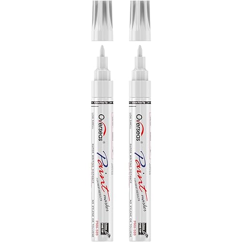 Overseas Oil-Based Fine Tip Paint Marker Pen - 2 Pack White 0.9mm Fine Nib Permanent Markers, Quick Dry, Waterproof, Fade Resistant Paint Pens for Metal, Wood, Rock, Plastic, Ceramics, Rubber, Glass