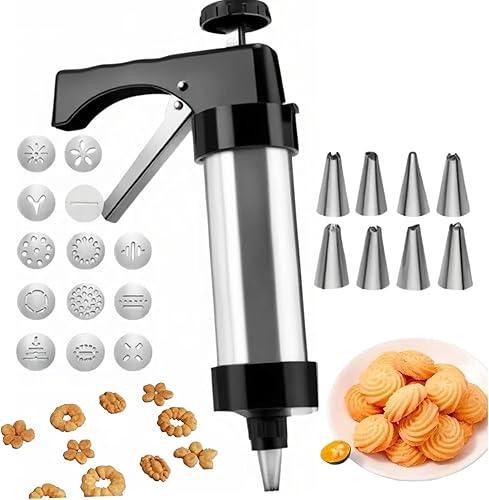 Prensa de galletas de acero inoxidable, kit de pistola de prensa de galletas con 13 discos de galletas y 8 puntas de tubería para hacer galletas