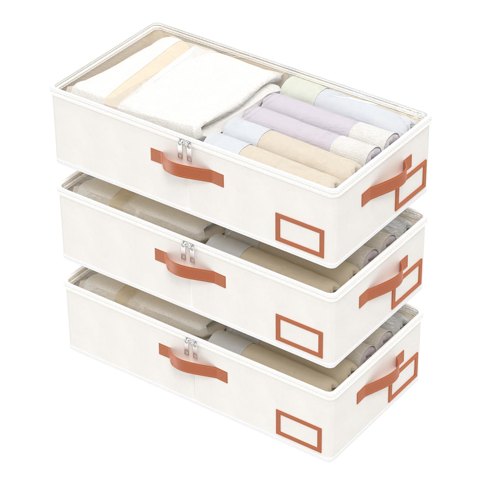 Yawinhe 3 Stück Unterbettkommode, Unterbett-Aufbewahrungstasche Kleideraufbewahrung, Faltbare Aufbewahrung Kleidung mit Klarem Fenster Für Bettdecken, Decken, Steppdecken, 60x30x15cm, Beige