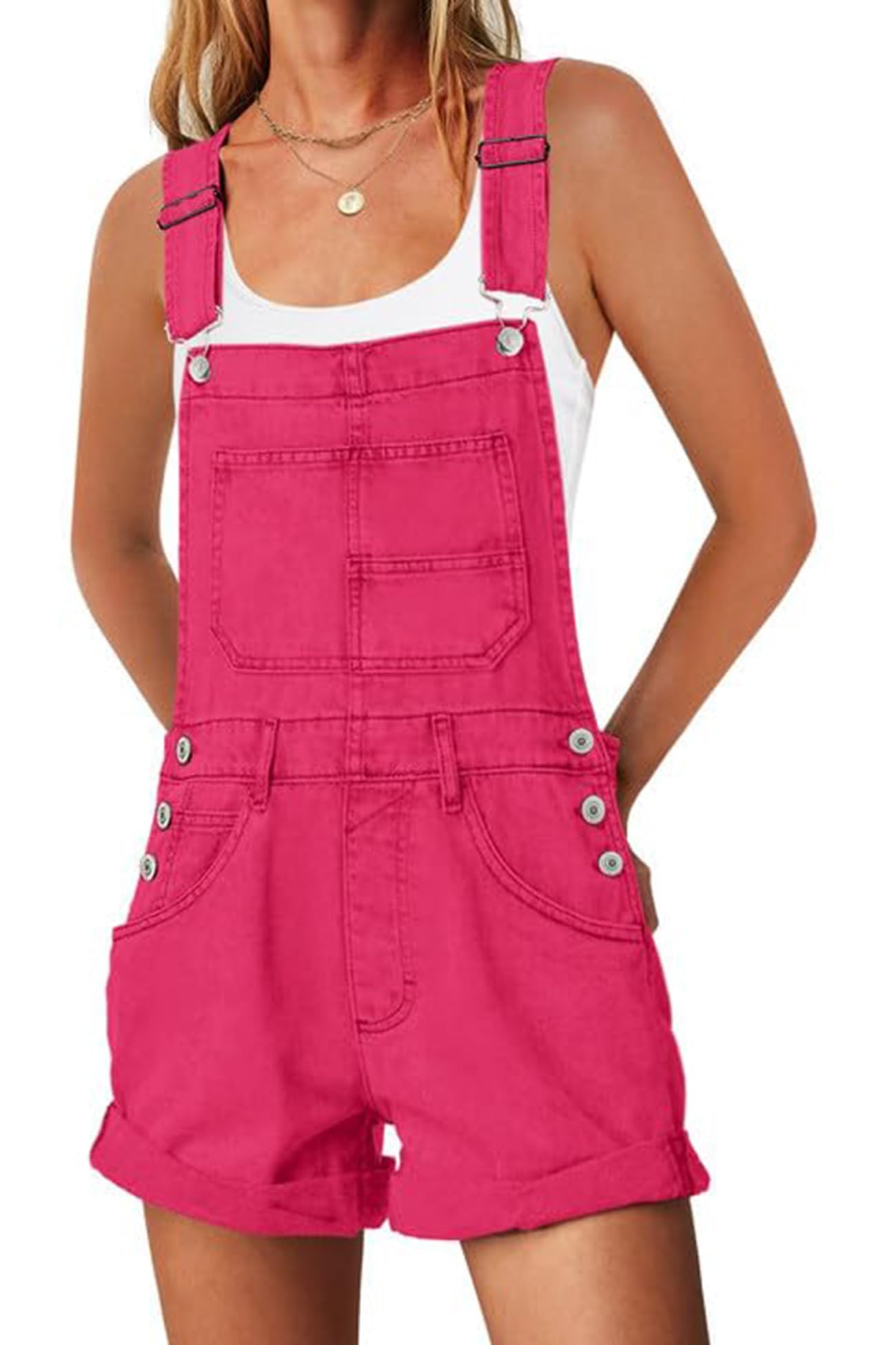 ReachMe Womens Casual Adjustable Bib Overall Shorts Classic Cuffed Hem Shorts Romper Vintage Shortalls with Pockets