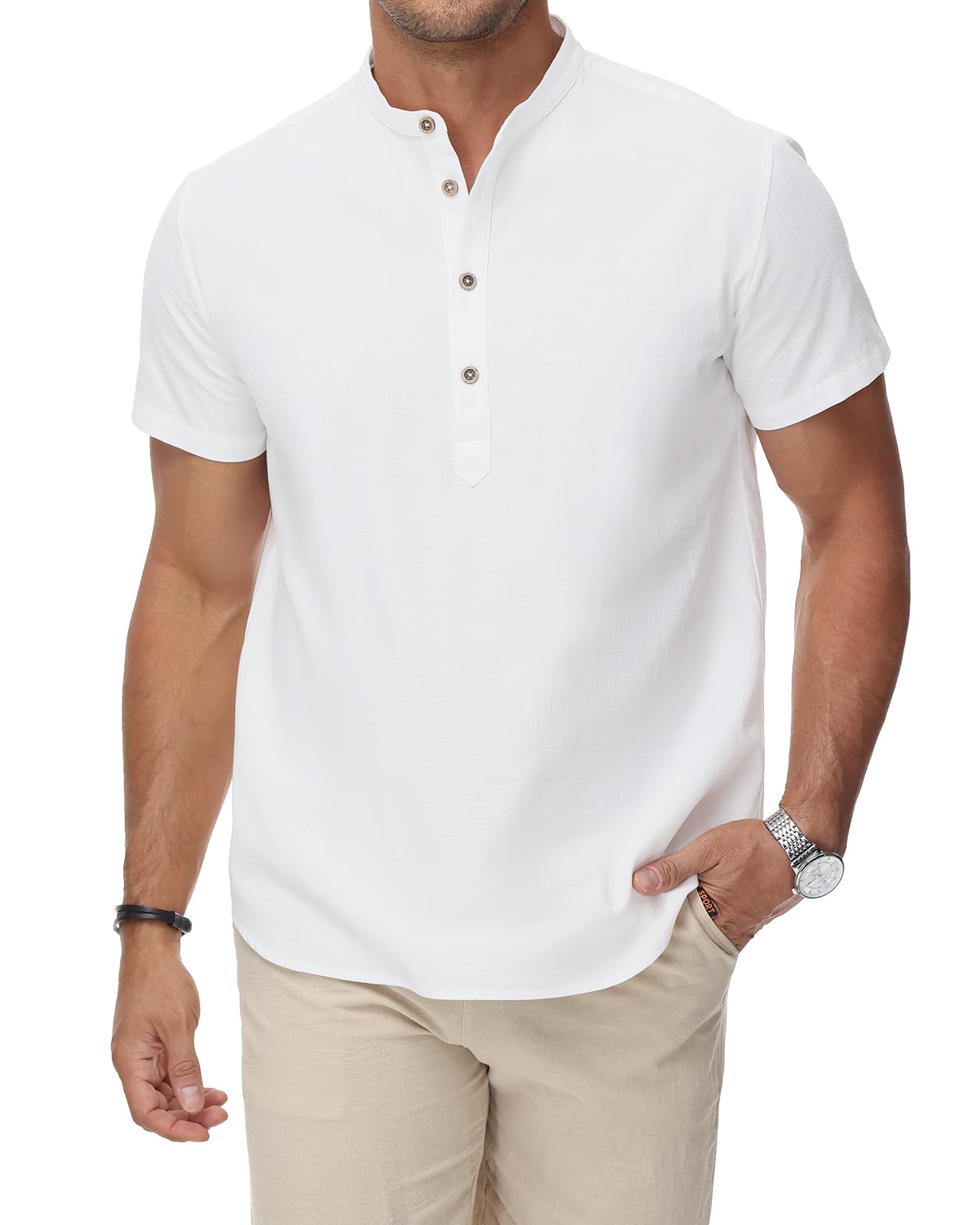 HMIYA Herren Sommerhemd Baumwolle Leinen Kurzarm Hemd Herren Henley-Kragen Lässiges Regular Fit Shirts