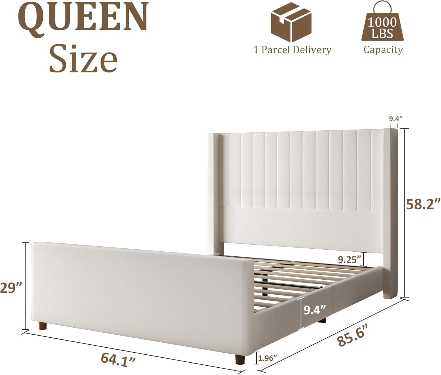 Queen Size Bed Frame, Upholstered Platform Bed with 58.2" Tall Headboard & Footboard, Soft Velvet Fabric, No Box Spring Required, Easy Assembly, Beige