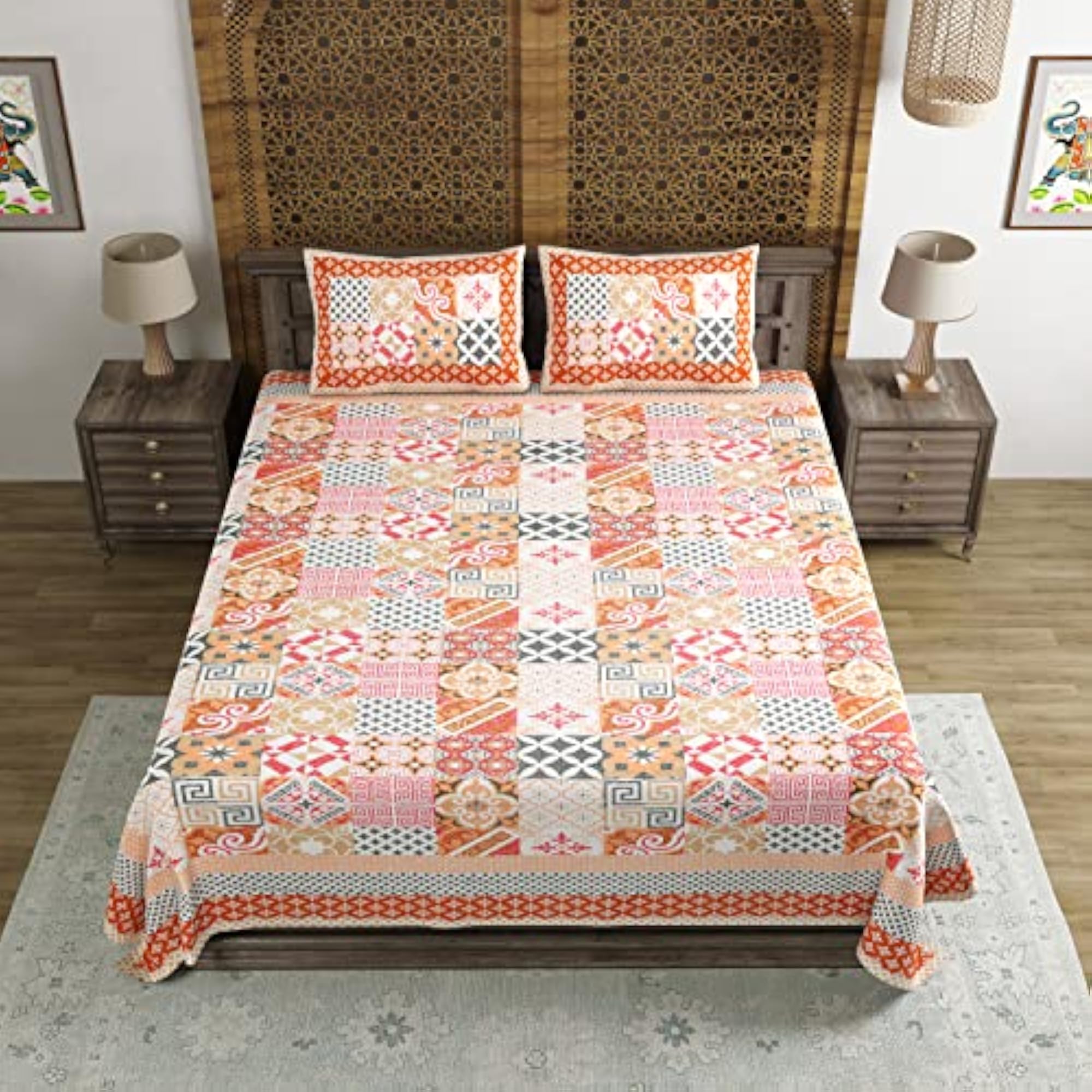 Hand Block Print Cotton King Size Bedsheet in Orange Ikat