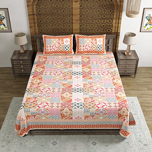 Image of BLOCKS OF INDIA Hand Block Printed 200 TC Cotton King Size Bedsheet (Orange Ikat)