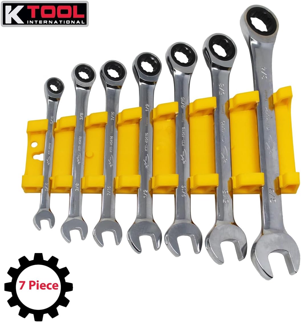 K Tool International 45400 SAE Combination Ratchet Wrench Set for Garages, Repair Shops, and DIY, Chrome Vanadium Steel, 12-point, Laser Engraved, Corrosion/Rust Resistant, 5/16"-3/4", 7-Piece