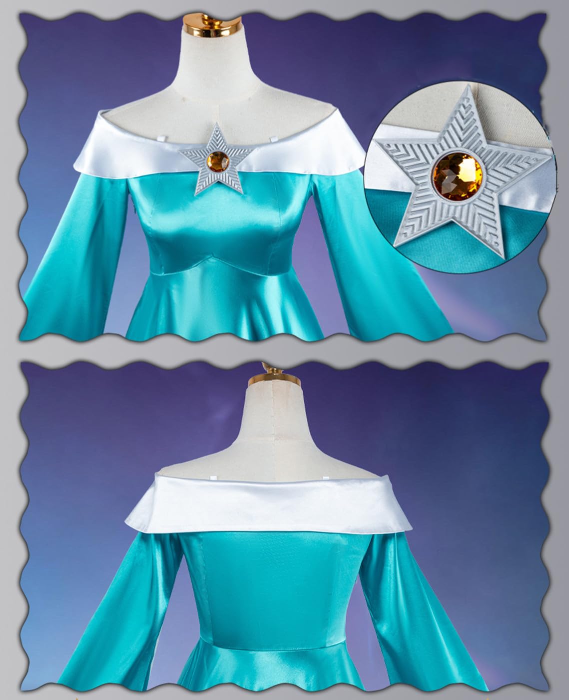 Rosalina Kostüm mit Krone Damen Fasching Cosplay Prinzessin Lange Abendkleid und Ohrringe Zauberstab für Weihnachten Karneval Halloween Party Geburtstag Maskenball Fancy Ballkleid Verkleidung 02