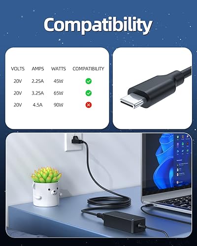 Miniatura 3 de Cargador rápido USB-C de 65 W para Lenovo ideapad Yoga 7 7i 9 9i 2 en 1, cable extendido, lámpara de alimentación, (certificado de seguridad UL)