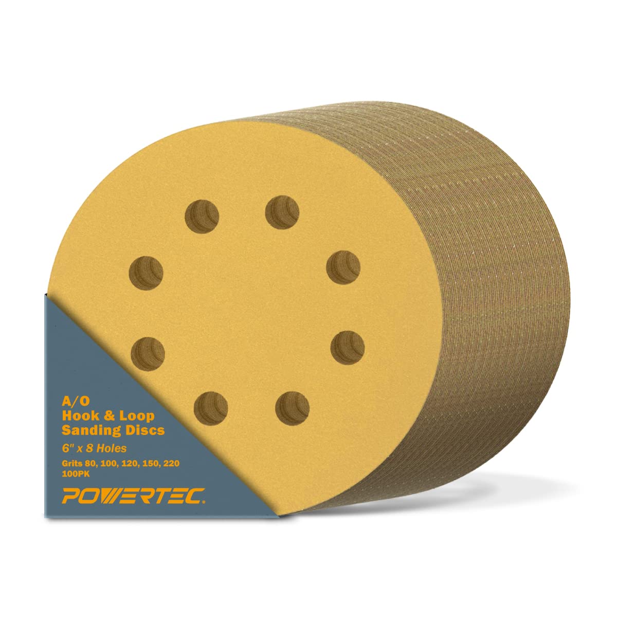 POWERTEC 44201XG-100 - Disco abrasivo a 8 fori, 100, 120, 150, 220, oro, 100, 100, 120, 150, 220, oro, confezione da 100, 15,2 cm X