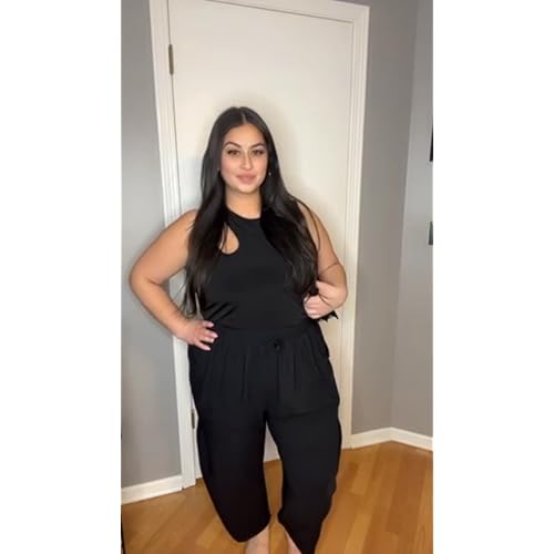 CARCOS Plus Size Harem Pants Womens 5X Summer Black Palazzo Pants Drawstring Wide Leg Lantern Beach Pants with Pockets Baggy Ankle Trousers Loose Fit Vacation Outfits Lounge Pant 5XL 26W 28W