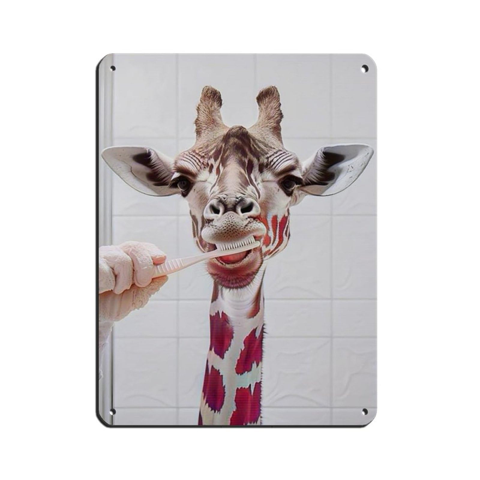 Giraffe Brushing Teeth, Hilarious Bathroom Art Tin Sign Vintage Metal Pub Club Cafe Bar Home Wall Art Decoration Poster Retro 12x16inch(30x40cm)