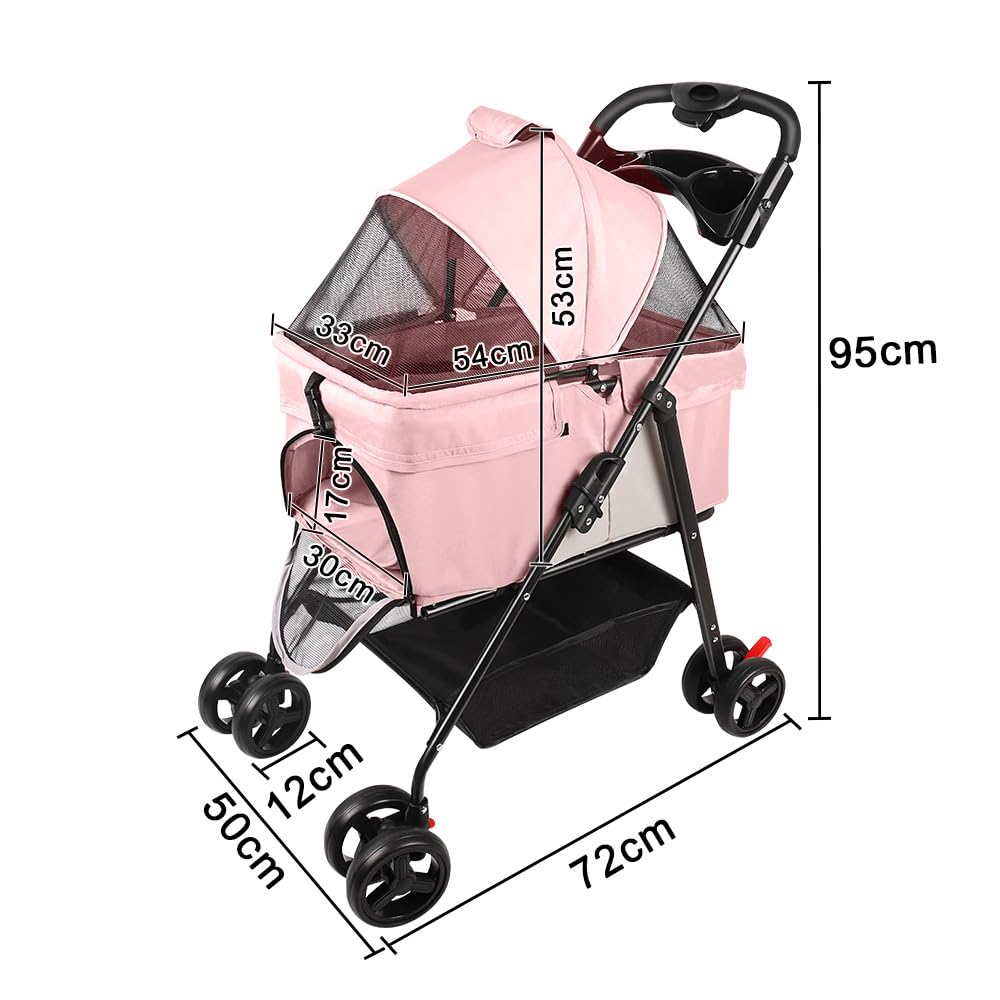 Carrito plegable para mascotas, carrito plegable impermeable para perros y gatos, techo extraíble incluido, portavasos, cesta de almacenamiento, ruedas con freno, 50 x 65 x 99 cm (rosa)