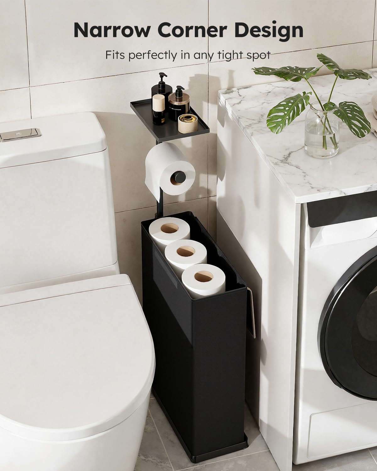 Soporte de papel higiénico de pie con cesta de almacenamiento de papel higiénico, de metal inoxidable con estante superior, almacenamiento para 12 rollos de papel higiénico, perfecto para espacios