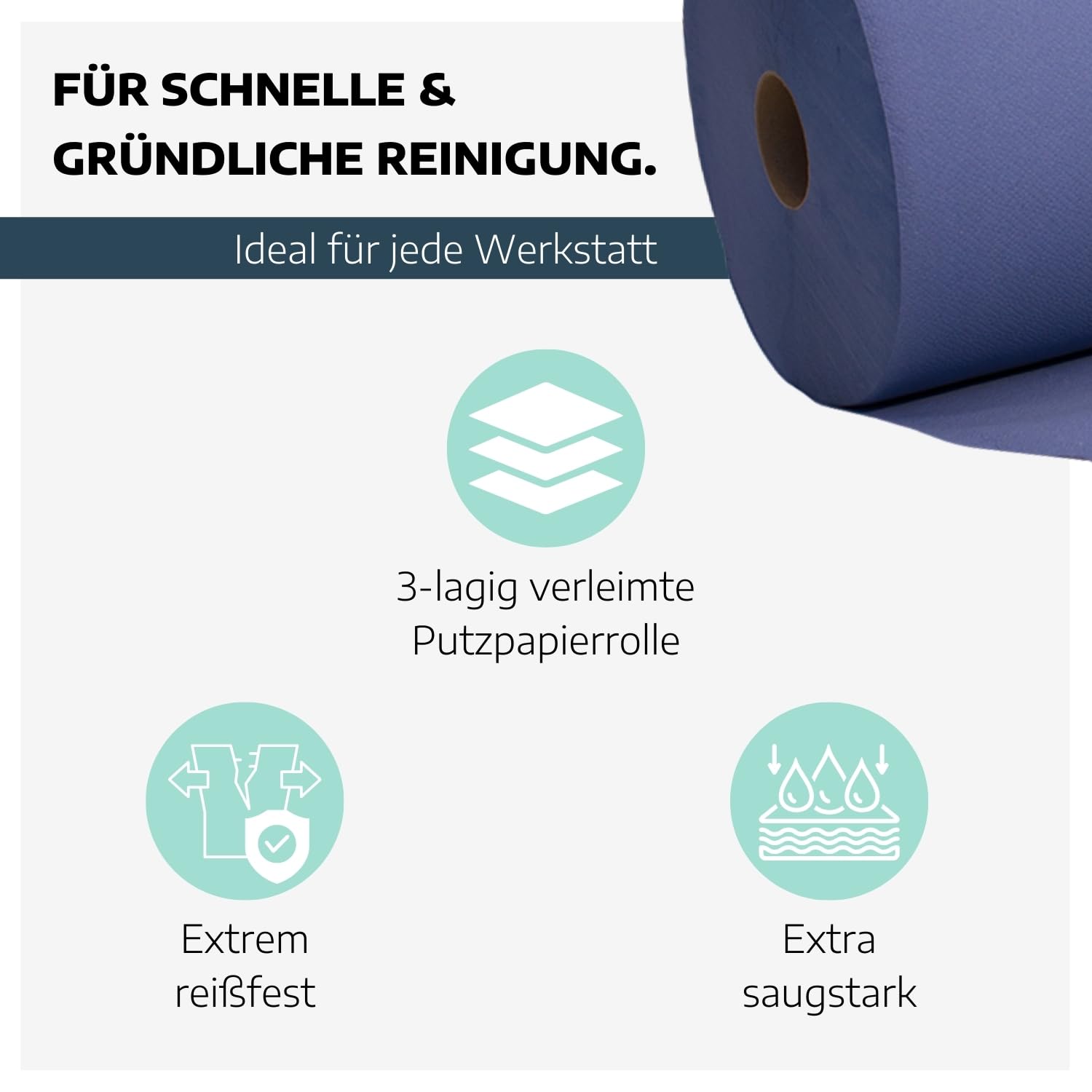 4 x Putztuchrolle blau I 3-lagig-verleimte Papierrolle-Werkstatt mit 500 Abrissen I saugstarke Putzpapierrolle I reißfeste Mehrzwecktücher aus 100% Recyclingmaterial I Werkstatt Tücher