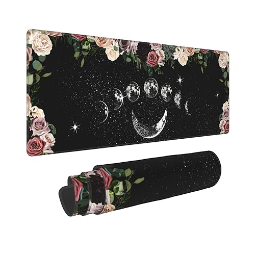 Pale Roses Moon Phase Witchy Tarot Black XXL XL Large Gaming Mouse Pad for Desk, Non-Slip Long Extended Keyboard Pads Mousepad Rubber Table Mat 31.5 X 11.8 Inch - Pale Roses Moon Phase Witchy Tarot Black