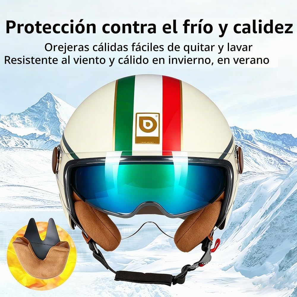 Casco Moto Abierto Scooter con Doble Visera, Cascos Jet para Hombre y Mujer Casco de Motocicleta Casco Scooter Doble Visera Homologación ECE22.05 Adulto Vintage 3/4 Casco