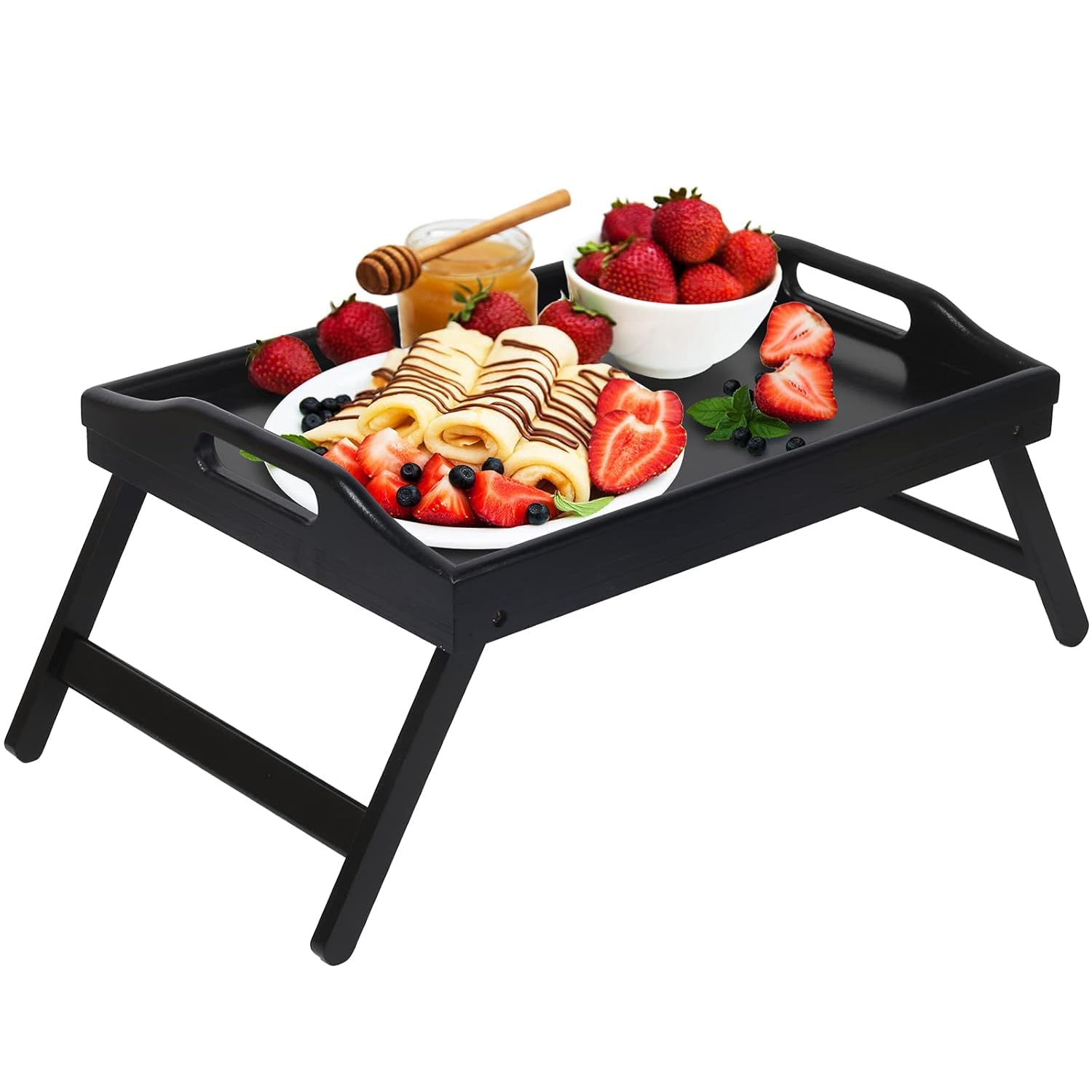 Device Bas with BROWN ART SHOPPEE Breakfast Bed Tray with Folding Legs Bed Table Tray Wooden Portable Lap Desk Wooden Serving Dinner Tea TV Tray (Black) (Black), 25.5 Inch , 55 cm , 28 cm