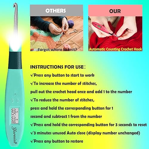 Miniatura 4 de Yarniss Ganchos de ganchillo automáticos de puntada con luz, ganchos de ganchillo iluminados con cabeza de metal de 0.236 in