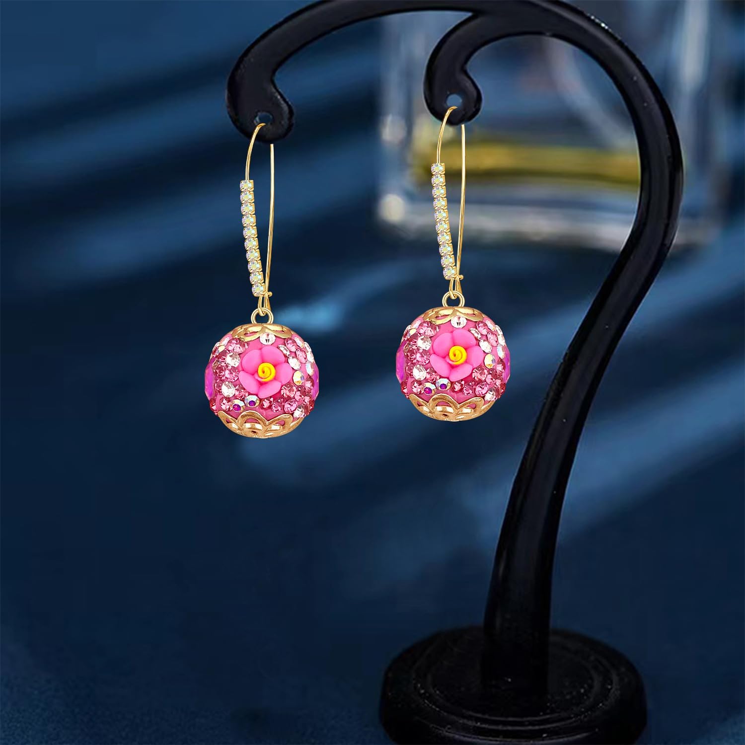 Bohemian Handmade Sparkly Crystal Flower Ball Dangle Drop Earrings Rhinestone Floral Leverback Earrings For Women - Image 6
