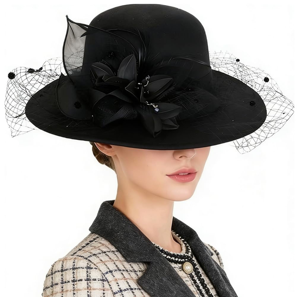 YJZQ Femmes Chapeau Melon en Feutre élégant Chapeau Cloche à Fleur Voile Bonnet Charleston année 20 Couvre-Chef Style Vintage 56-58CM