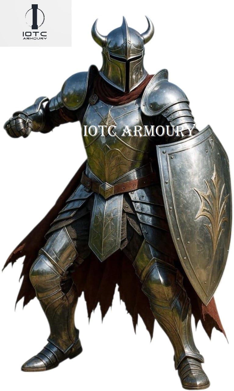 Medieval Knight Full Suit of Armor with Display Armor Stand-Fully Wearable Templar Knight Body Armor Costume with Closed Wisor Horns Helmet & Shield for LARP, Reenactment, Cosplay & Halloween Silver
