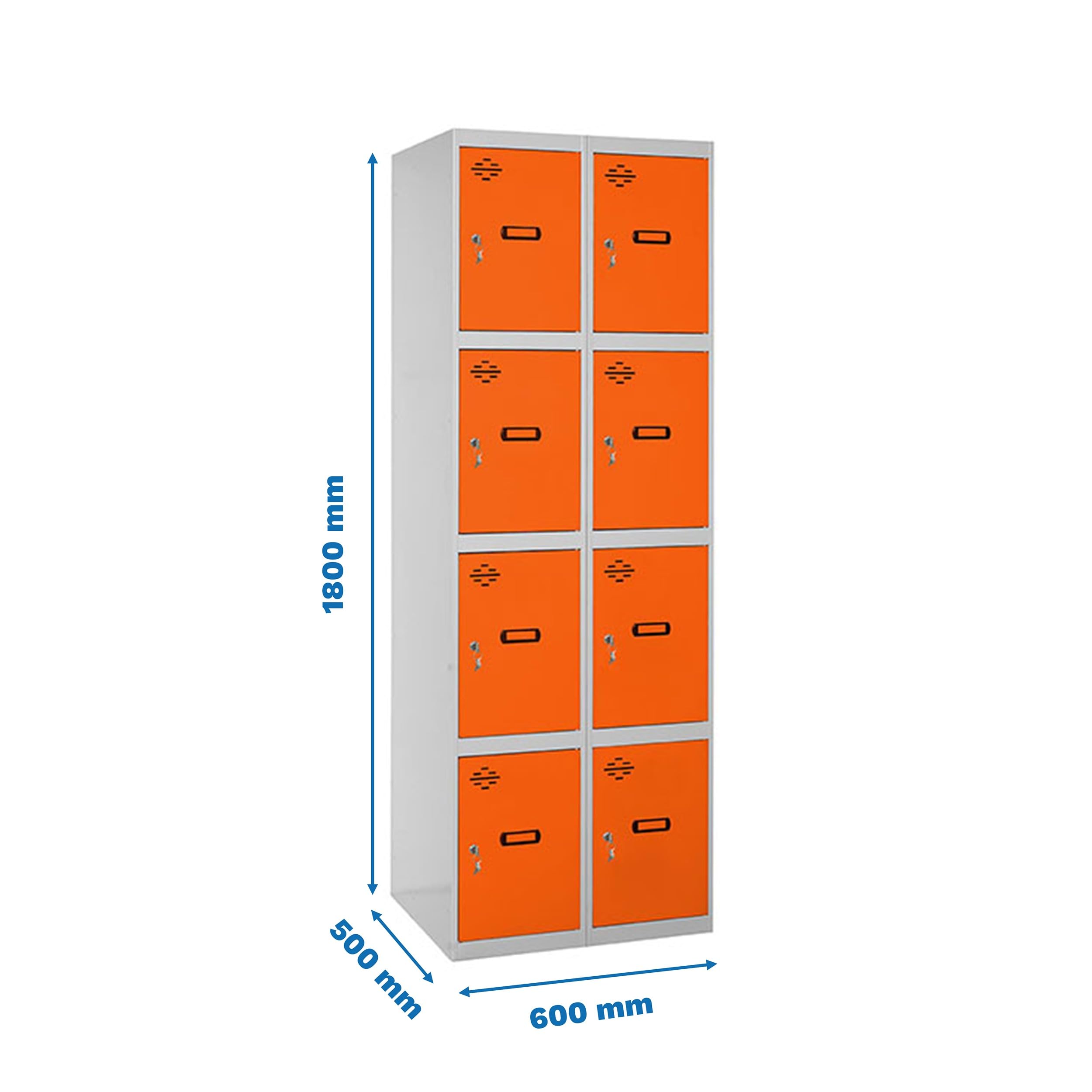 Simon Rack Taquilla Vestuario Metálica, 2 Módulos 8 Puertas, Incluye Llave, 1800x600x500 mm, MONTADA, Gris/Naranja - Simonlocker