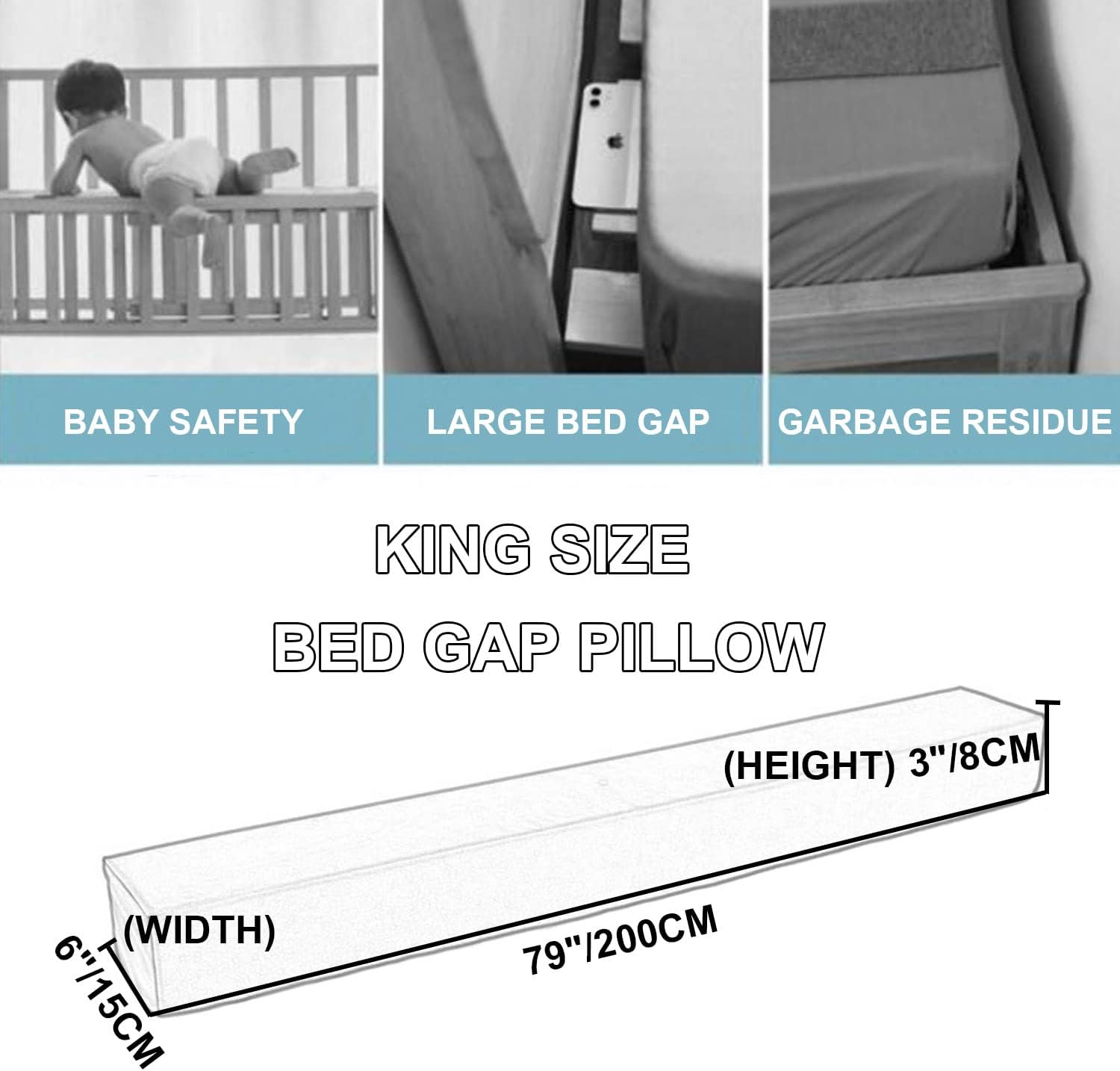 Wedge Bed Gap Filler Pillow,Rectangle Mattress Extender Headboard Gap Filler Full Bolster for Bed Sofa Tatami Wipeable Headboard Stoppers Bedside Gap Filler for Wall,Grey ? King(6x3)