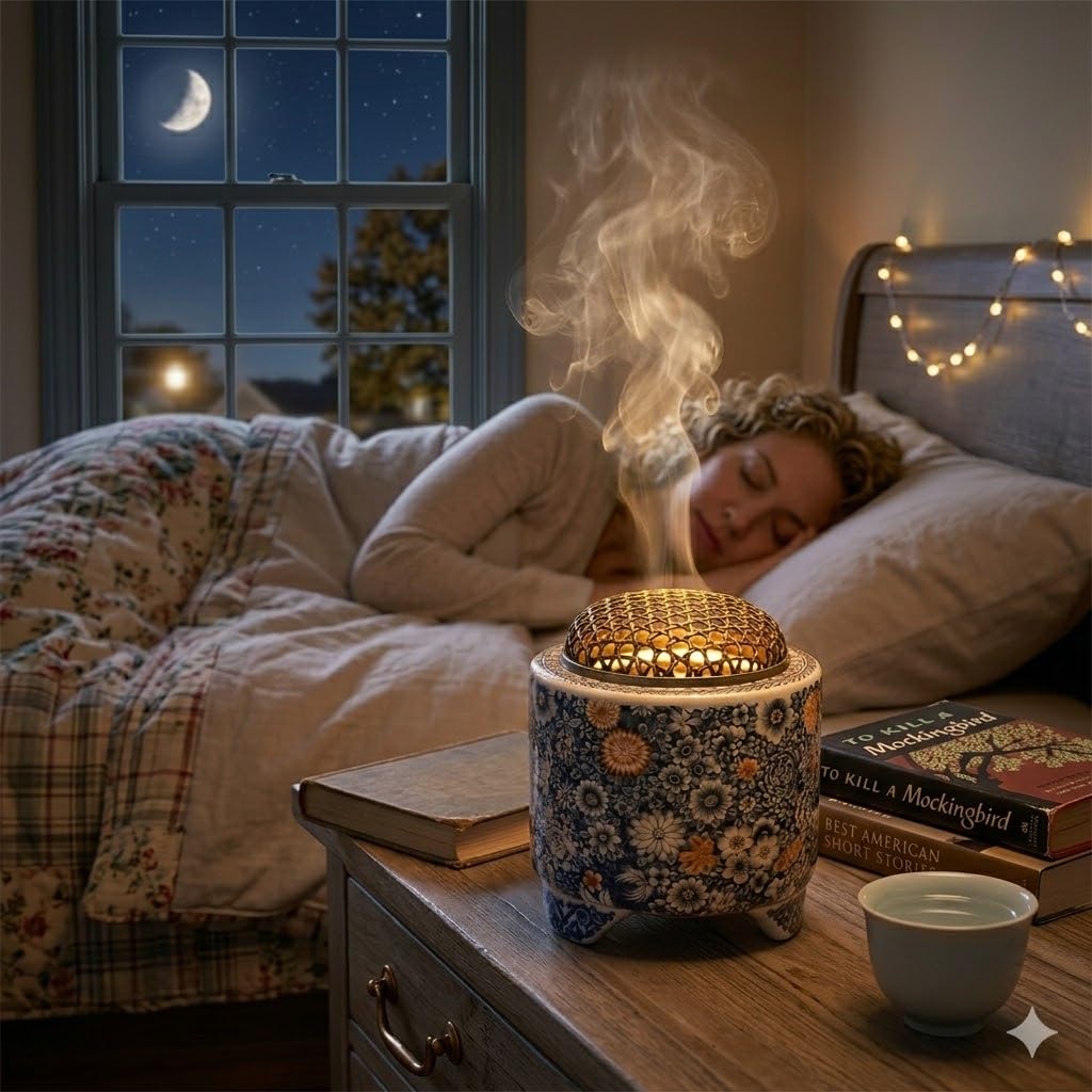 Bruciatore di incenso elettrico in ceramica blu e bianco in porcellana con luci LED integrate che simulano le fiamme, design classico, elegante e di fascia alta