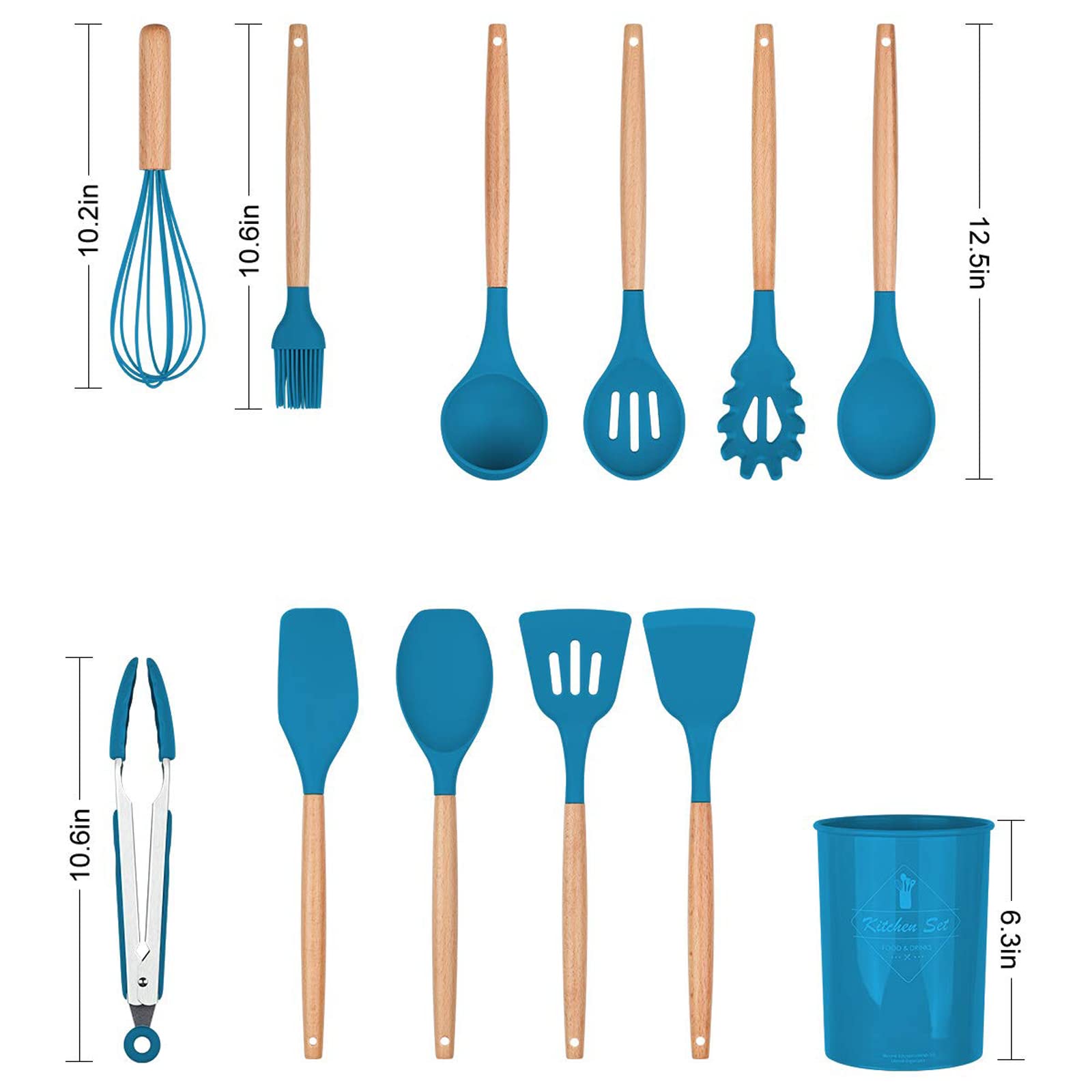 Lychee Utensili Cucina Set,12 Pezzi Set di Utensili da Cucina in Silicone,Resistente al Calore con Manico Legno Antiaderenti da Cucina Strumento di Cottura Termoresistenti (Blu Scuro)