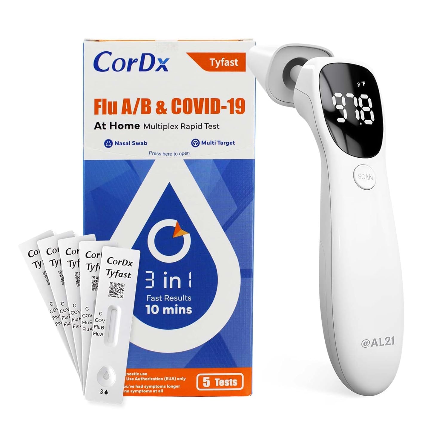 Flu A/B & COVID-19 Rapid Test (5-Pack) and Infrared Thermometer Bundle