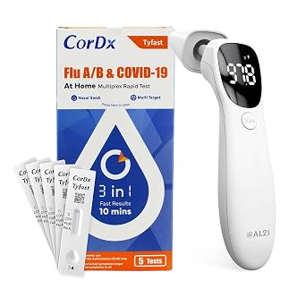CorDx At Home Flu A/B and COVID-19 Test Kit 5 Pack and Infrared Thermometer Bundle, 3-in-1 Combo Rapid Antigen Test with Results in 10 Minutes, Forehead and Ear Digital Thermometer