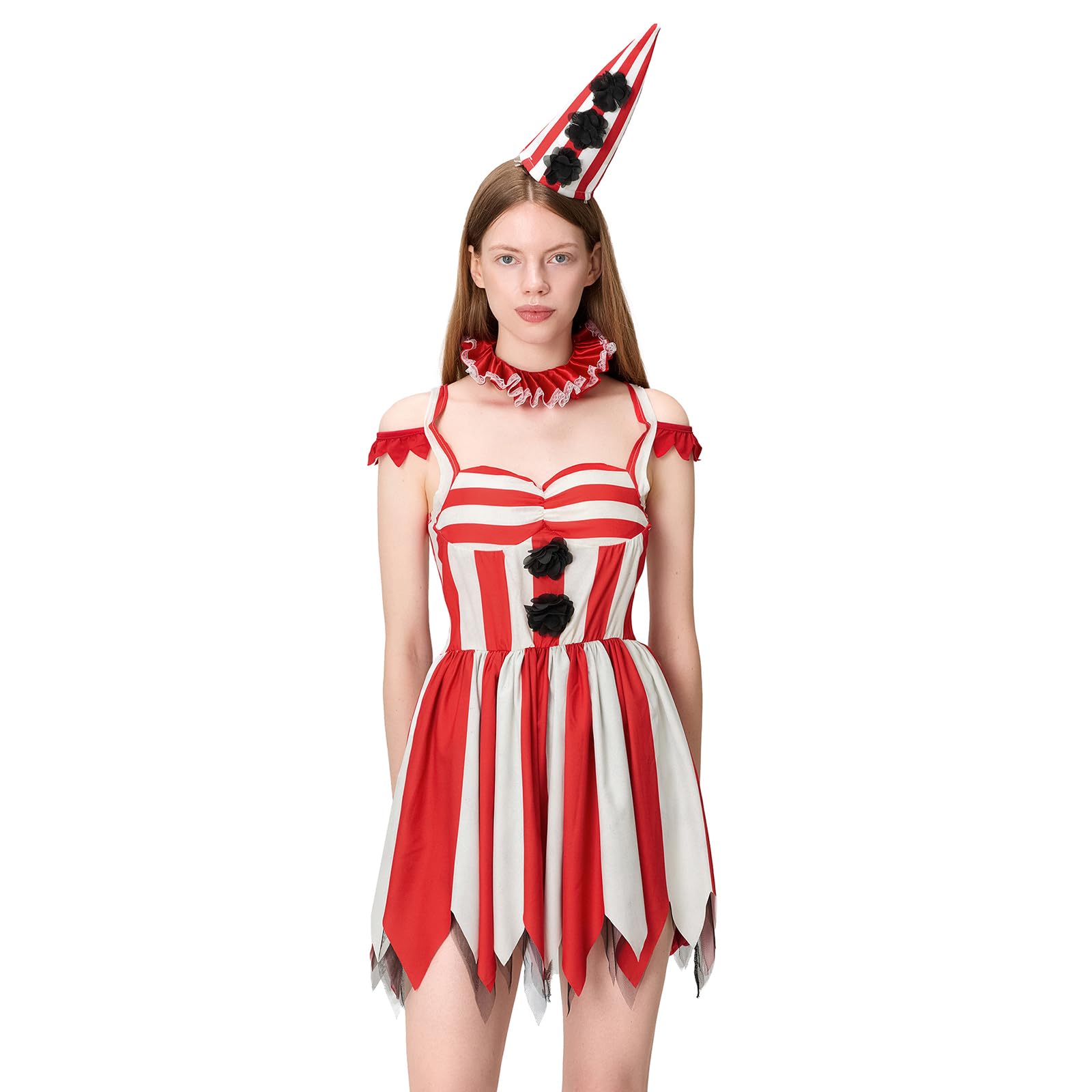 SANSIWU Womens Clown Costume,Off Shoulder Deadly Darling Clown Costume Killer Clowns Jumpsuit+Sleeves+Collar+Hat+Stockings 5 Pcs Circus Jester Costumes (B-01, M) — image 1