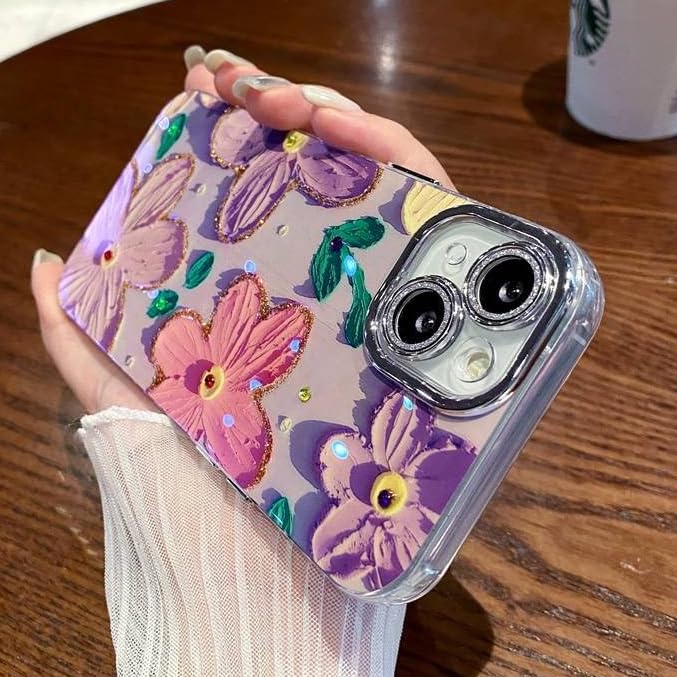 Image of Elzzi Compatible with iPhone 16 Pro Max Case 3D Laser Flower Oil Painting Cute Colorful Blue Ray Bumper with Full Camera Protection Shockproof PC+TPU Glossy Shiny Cover for Girls Women, Pink & Purple