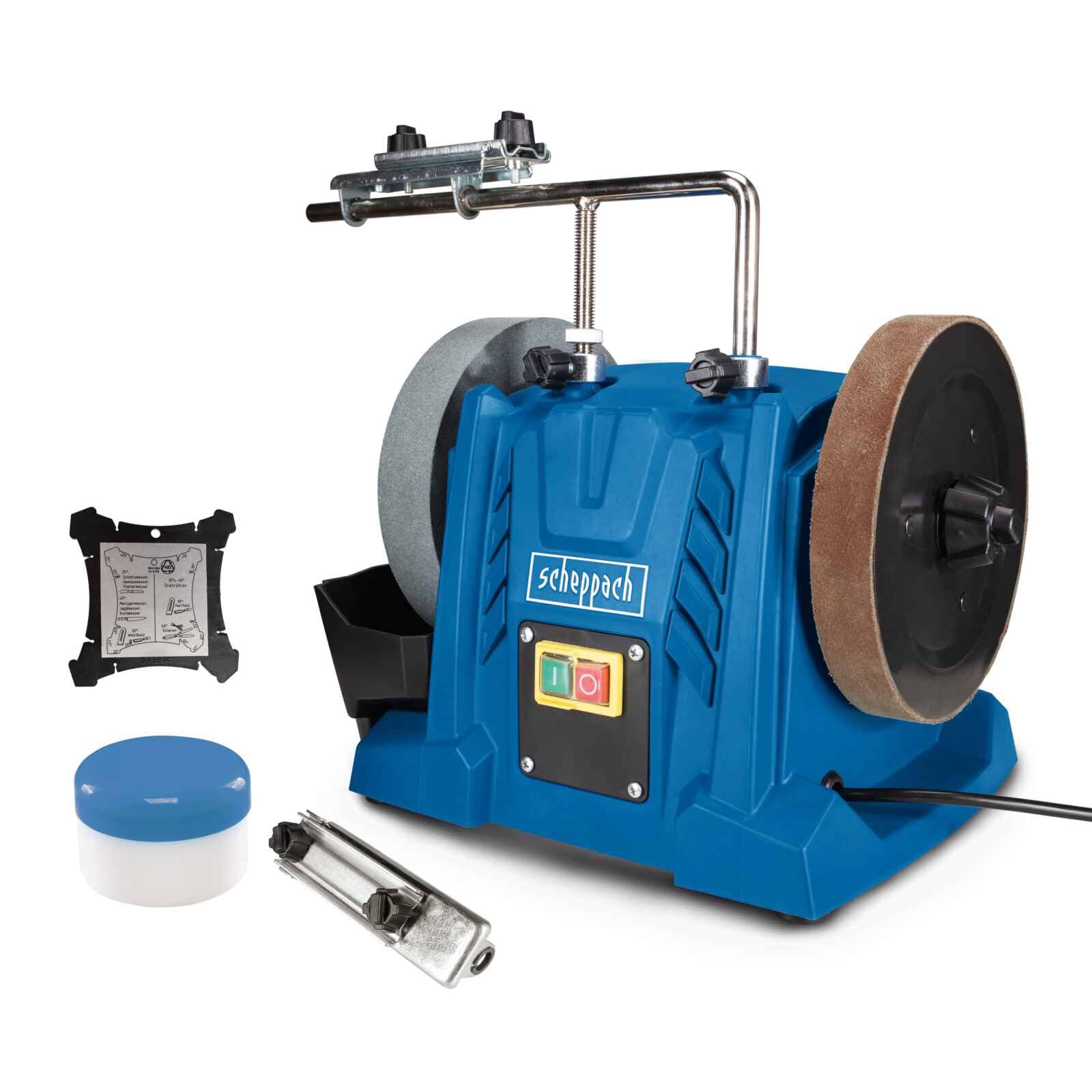 Scheppach Affûteuse à eau TIGER 5000S | Moteur à induction 150W, Meule en corindon supérieur de Ø 200mm, Dispositif universel | Pâte à poncer | Disque à poncer en cuir | Jauge d'angle