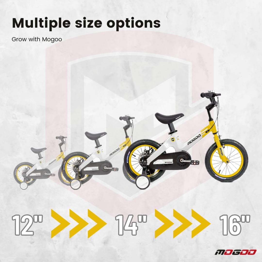 Mogoo Spark Kids Magnesium Alloy Bike for 2-8 Years Old Boys Girls, Adjustable Height, Disc Handbrakes, 12/14/16-Inch Bicycle w Training Wheels