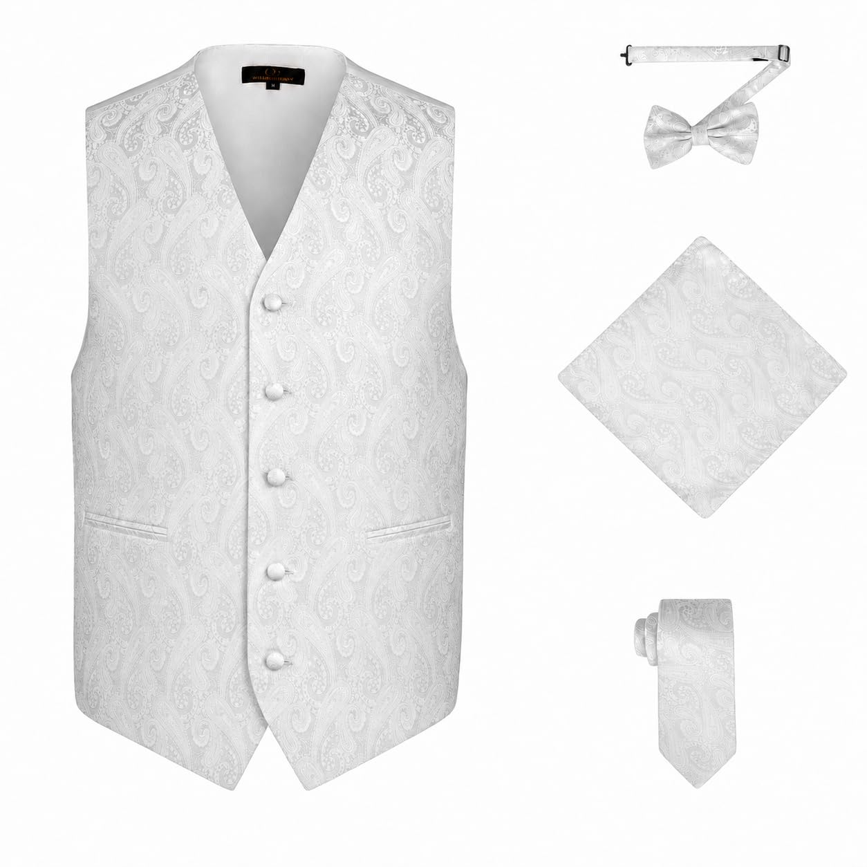 oliver george Men's 4pc Paisley Design Waistcoat Tuxedo Dress Vest Necktie Bowtie Handkerchief Set for Suit or Tuxedo, White, X-Small-picture-11